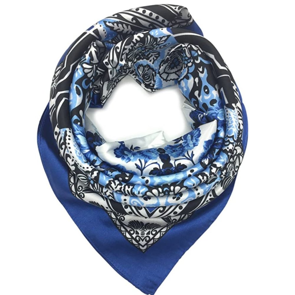 Mulberry Silk Blue, Black and White Floral Scarf